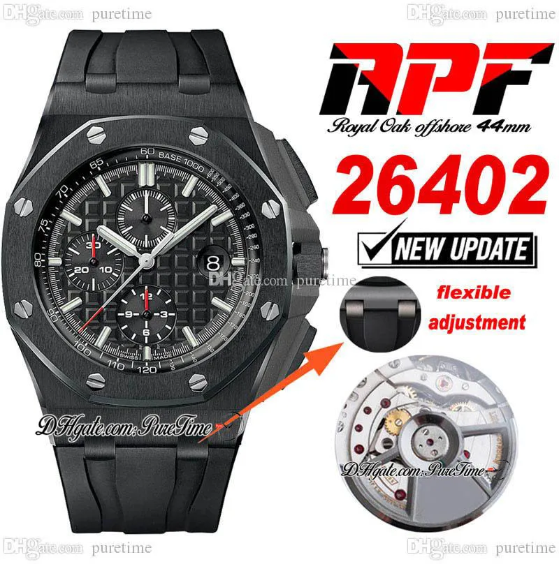 APF 44mm 2640 A3126 Cronógrafo automático Mens assista Titanium aço de aço preto Betted Dial Dial Rubber Super Edition PureTime Strap Tecnologia exclusiva H8