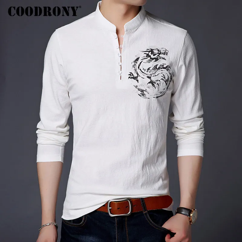 Coodrony Chinese Style Mandarin Collar T-shirt Män Långärmad Bomull T-shirt Män Kläder Linen Tee Homme Tshirt T006 201116