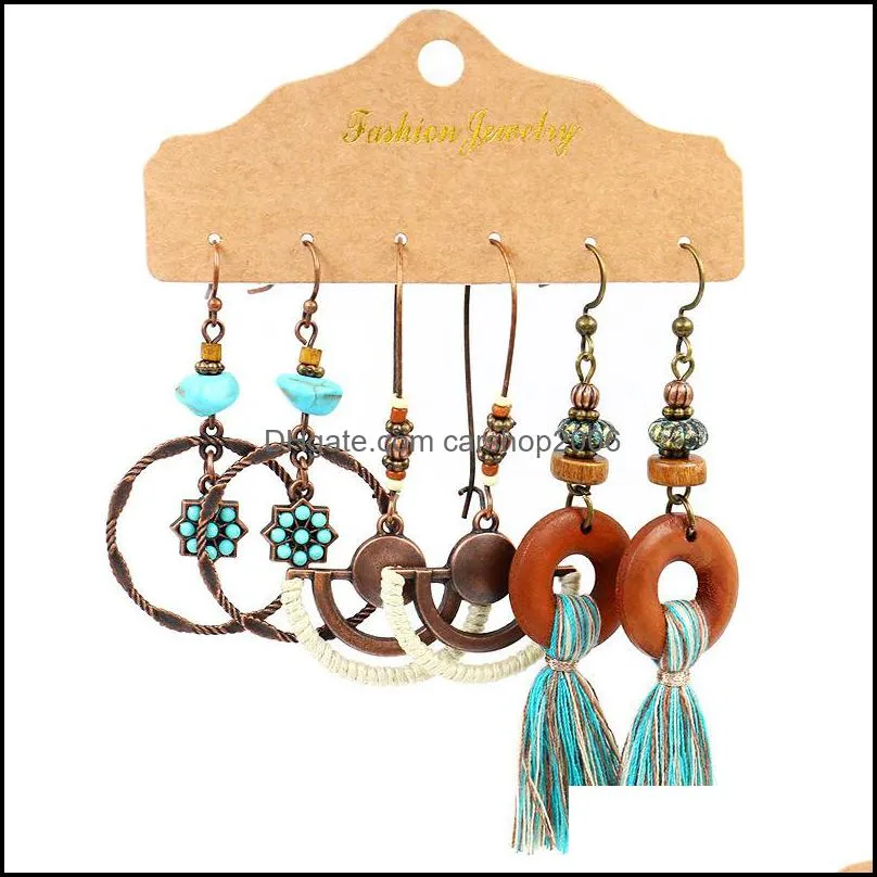 vintage ethnic bronze dangle earrings set for women bohemian flower tassel geometric hollow pendant water drop earring c344fz