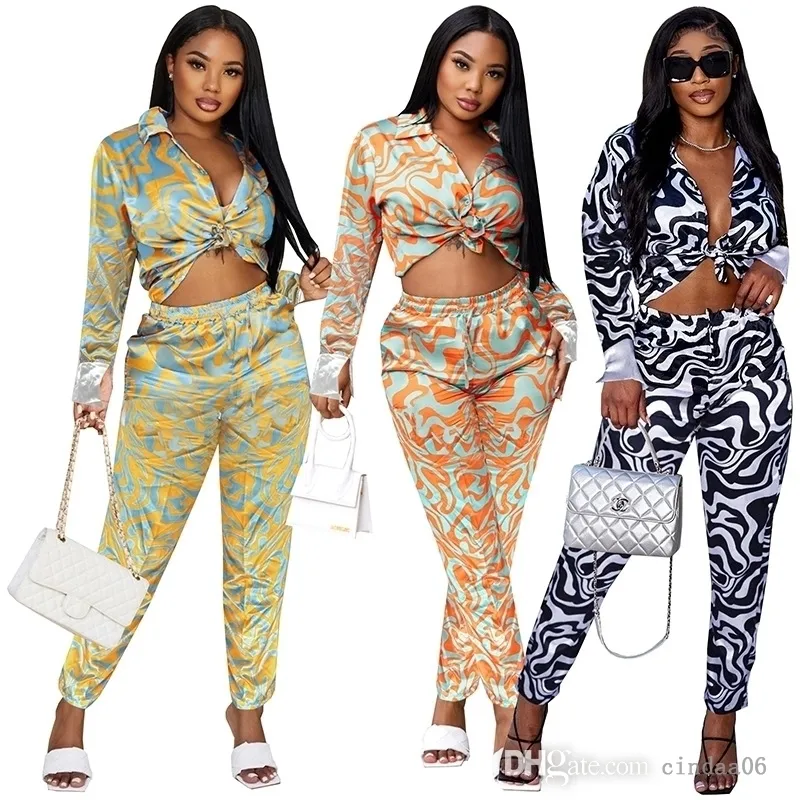 Fall Women Tracksuits Corrugated Printed 2 Piece Pants Set Long Sleeved Shirt And Trousers Suit Lady Casual Matching Suits