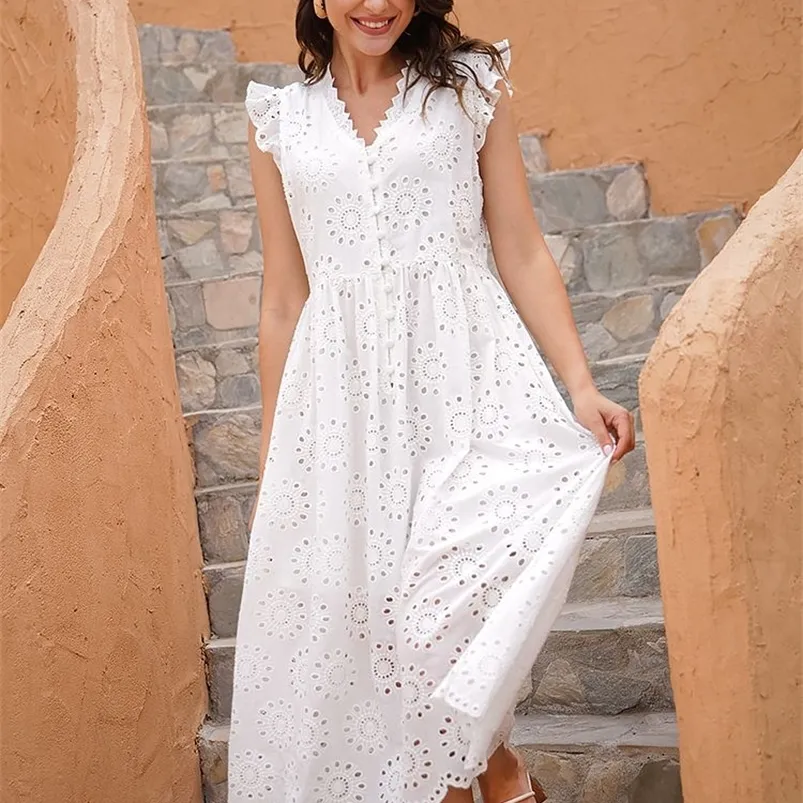 Marwin Long Simple Disual Solid Hollow Out Pure Cotton Holiday Style High Weist Fashion Mid-Calf Summer Dresses Vestidos 220409