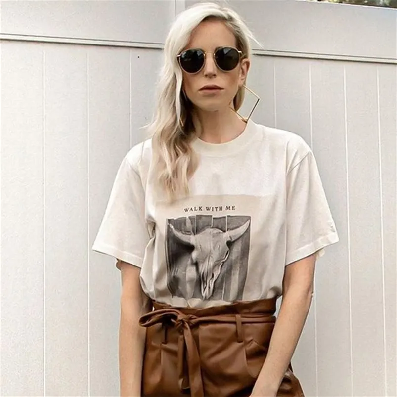 Goat Head Print Graphic Tees Women Summer Short Sleeve O Neck Cotton Chic T Shirt Casual Vintage Hippie Shirts Tops 2021 210317