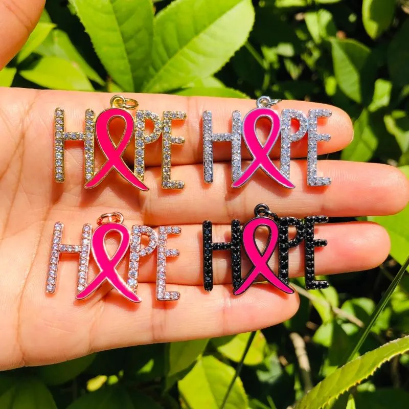 Charms 5pcs ESPERANZA Palabra para mujer Pulsera Collar Letras Colgante Cinta rosa Concientización sobre el cáncer de mama Fabricación de joyas Suministro DIYCharmsCharms