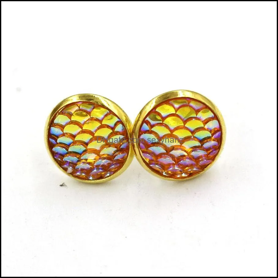 Fashion Drusy Druzy Earrings Gold Plated 12mm Round Resin Mermaid Fish/Dragon Scale Stud Earrings for Women Lady Jewelry