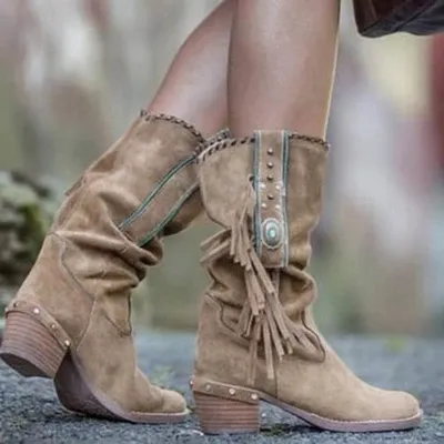 Mode-Herfst Bohemian Laarzen Vrouwen Kwaliteit Etnische Kwastje Fringe Faux Suède Laars Winter Vierkante Hak Schoenen Vrouwen Booties