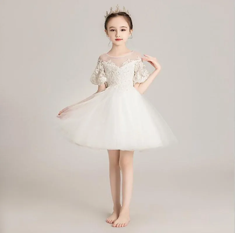 Flickans klänningar White Lace Tutu Princess For Girl Elegant Flower Birthday Party Evening Ball Gown Kids Wedding Christmas Vestidos