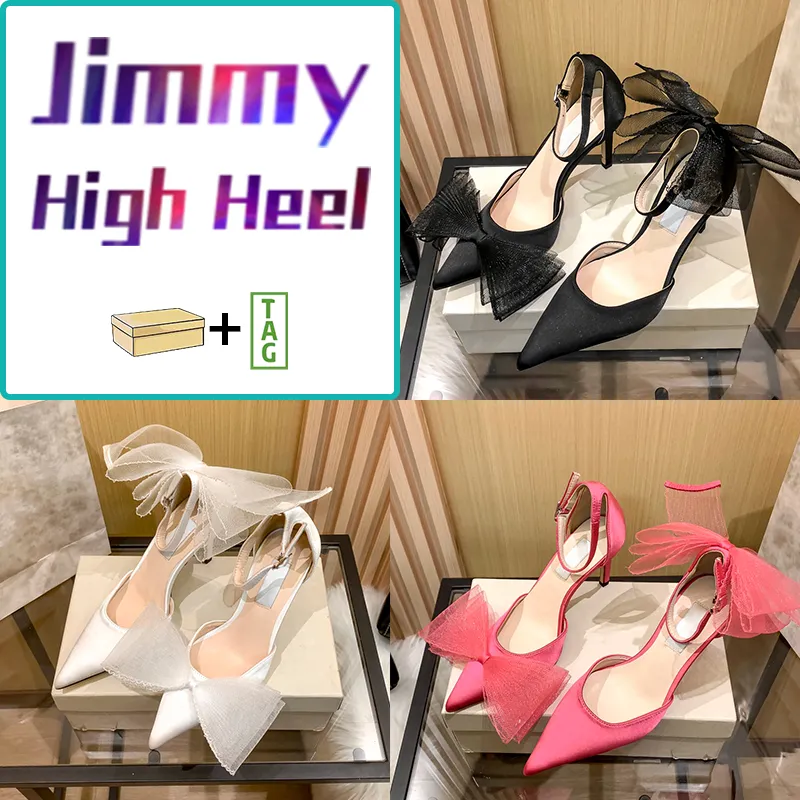 Jimmy High Heel Dress Shoes Men Mujeres Londres Caso de boda Posteros Latte Black Fucsia Bowtie Diseñadora Dama de zapatillas 10 cm Altura del tacón