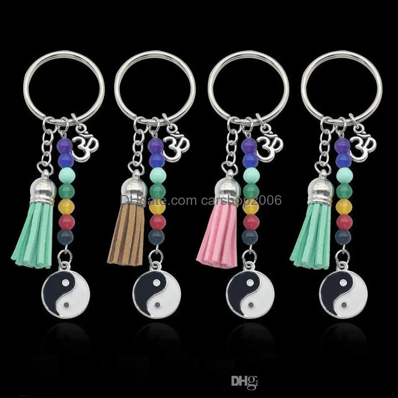 wholesale handmade colorful seven chakras Yoga Keychain personality Tai Ji pendant tassel Keyfob Metal fitness key rings