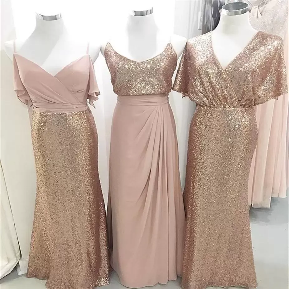 Sequins 2022 Rose Gold Bridesmaid Dresses Mermaid Spaghetti Straps V Neck Short Sleeves Custom Made Plus Size Maid of Honor Gown Country Wedding Party Wear