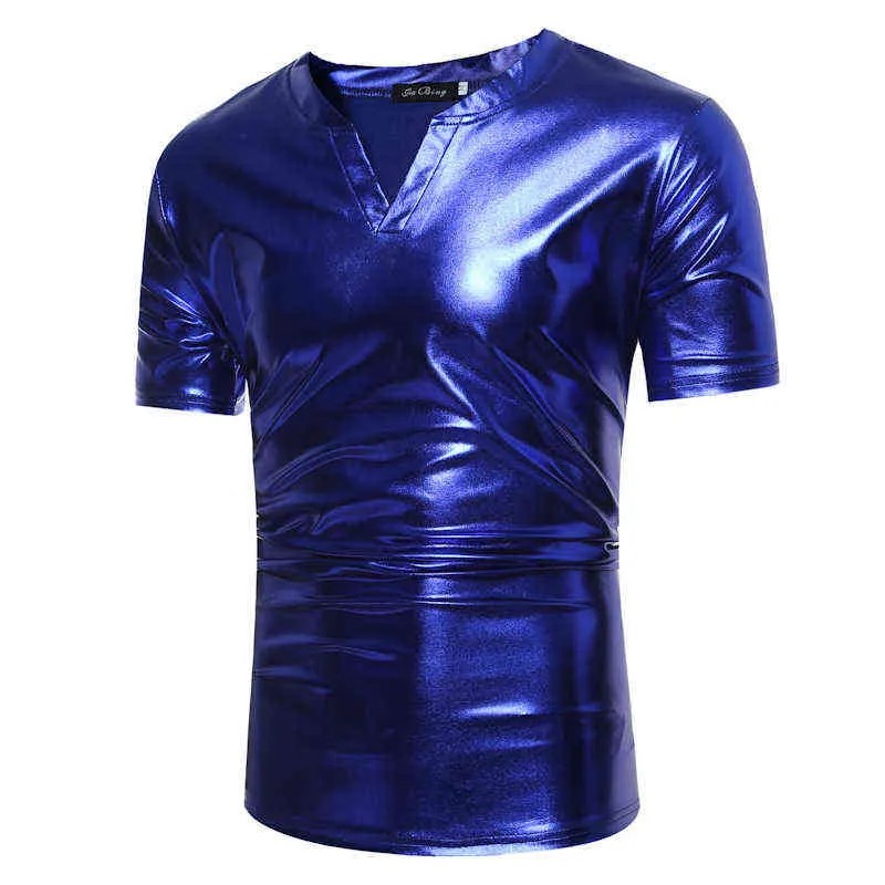 クラシックVネックTシャツメン光沢のあるロイヤルブルーコーティングメタリックナイトクラブステージTシャツメンヒップホップストリートウェアカミゼタマスキュリナXXL L220704