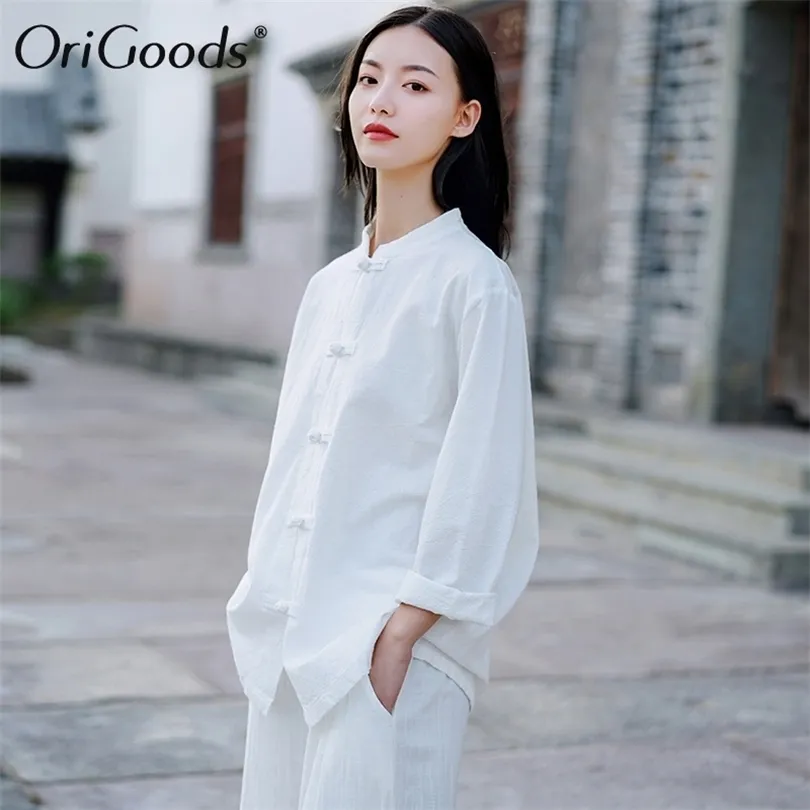 OriGoods Women Long sleeve Shirt Autumn Chinese style Shirt Blouse Cotton Linen Vintage Shirt Qigong Tai Chi clothes C269 201201