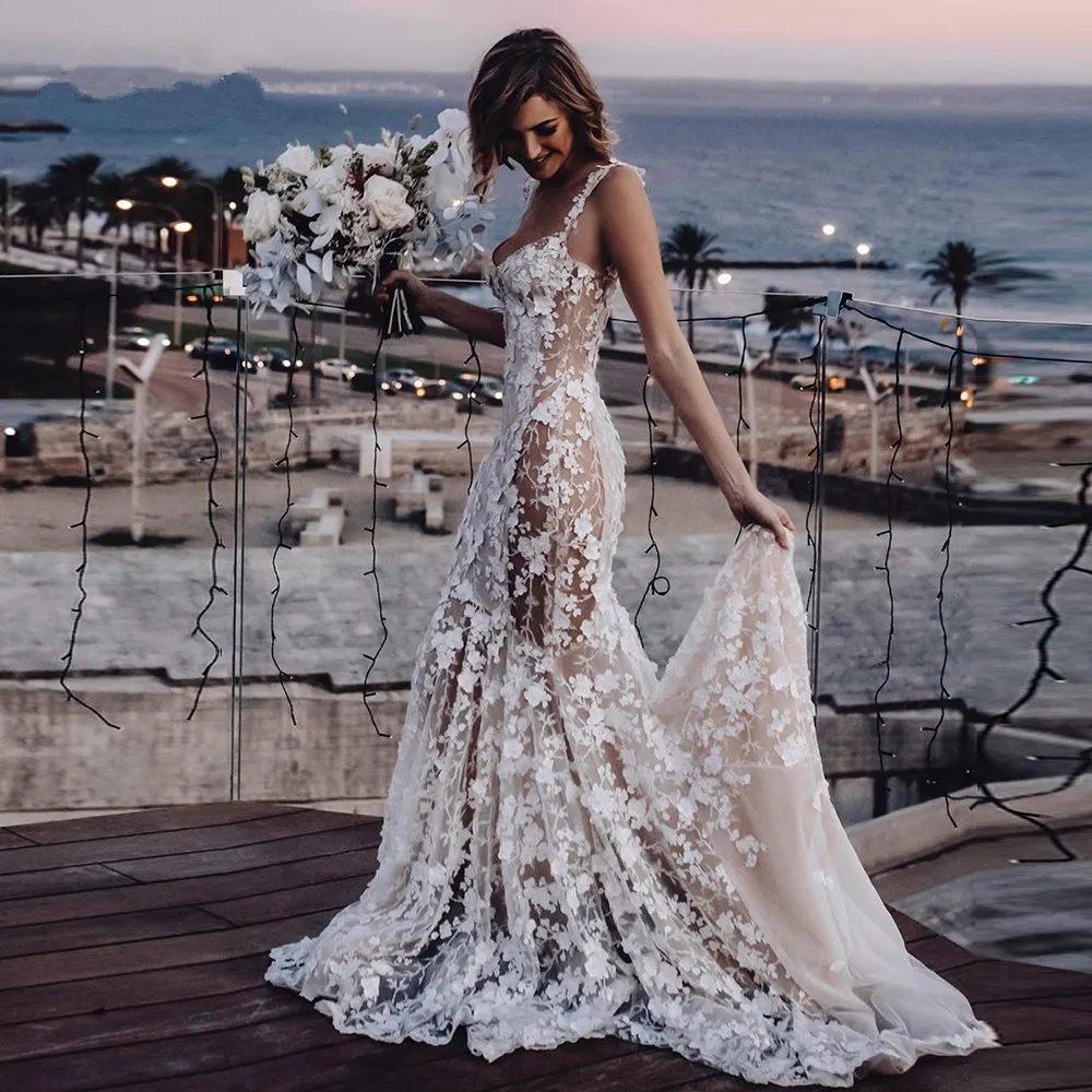chinese dress ladies Ivory Lace Embroidery Mermaid Wedding Dress Long Sleeves