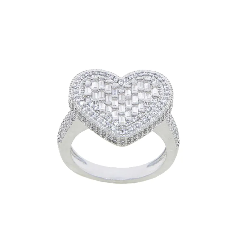 Grand Coeur Anneau Plein Micro Pavé Glacé Bling 5A Zircon Hip Hop Baguette CZ Anneau Délicat Punk Bijoux pour Hommes Femmes