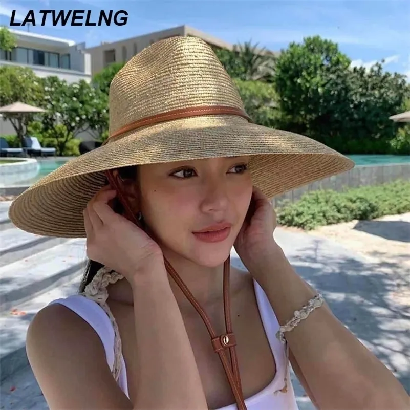 Ceinture sangle paille chapeau de soleil pour les femmes mode vacances plage UV chapeaux large bord Panama chapeaux en plein air en gros 220525