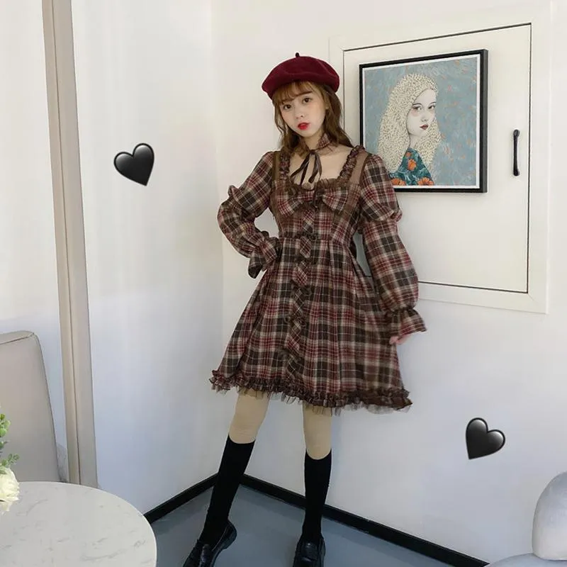 Casual jurken Mori Girl Ruffles jurk Japanse lolita vrouwen lente cosplay kostuum retro plaid wilde dagelijkse licht boog dresscasual