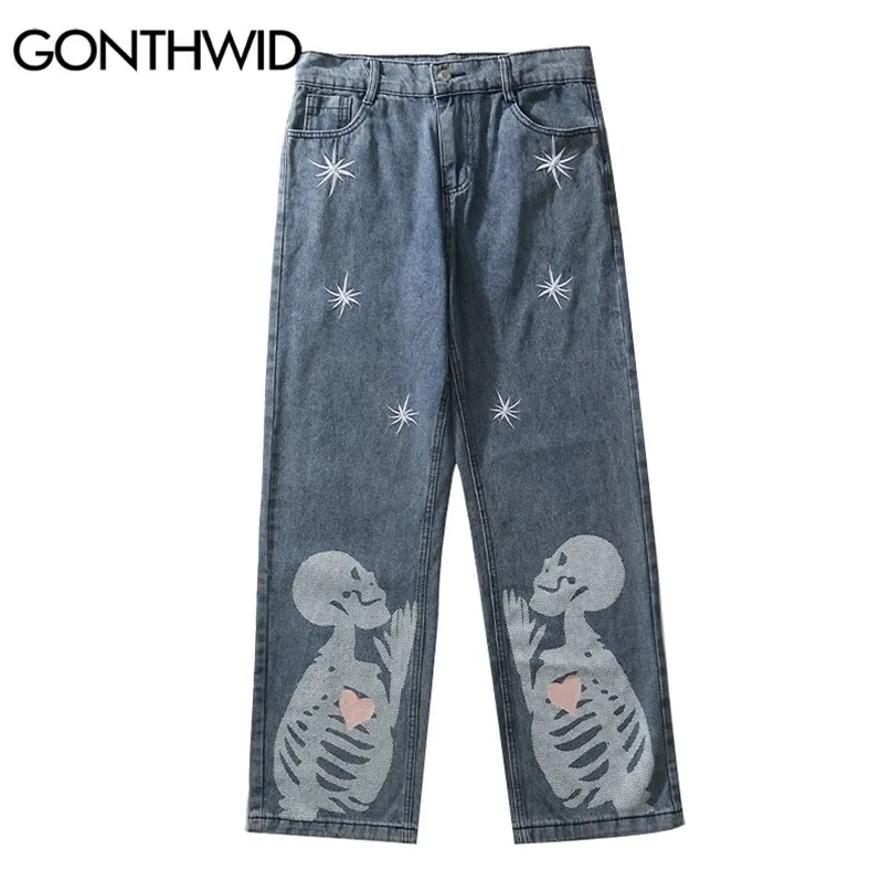 Gonthwid denim byxor streetwear hip hop broderi skalle hjärta utskrift baggy jeans man harajuku mode casual lösa byxor 220328