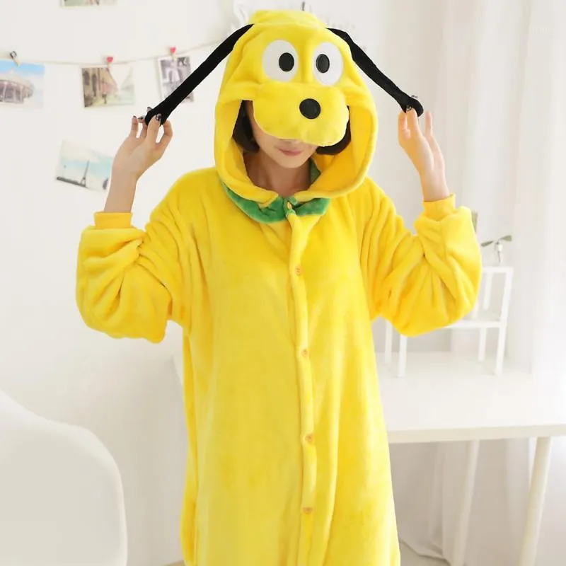 Vuxen Onesie Anime Kvinnor Kostym Yellow Dog Halloween Cosplay Cartoon Animal Sleepwear Winter Warm Hooded Pajama
