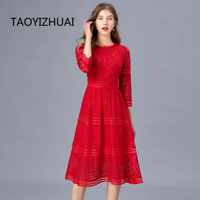 Abiti casual Abito in pizzo di marca Taoyizhuai 2022 Moda primavera Cuciture a vita alta Gonna rossa versatile Abito nero francese grande grasso MmCasua