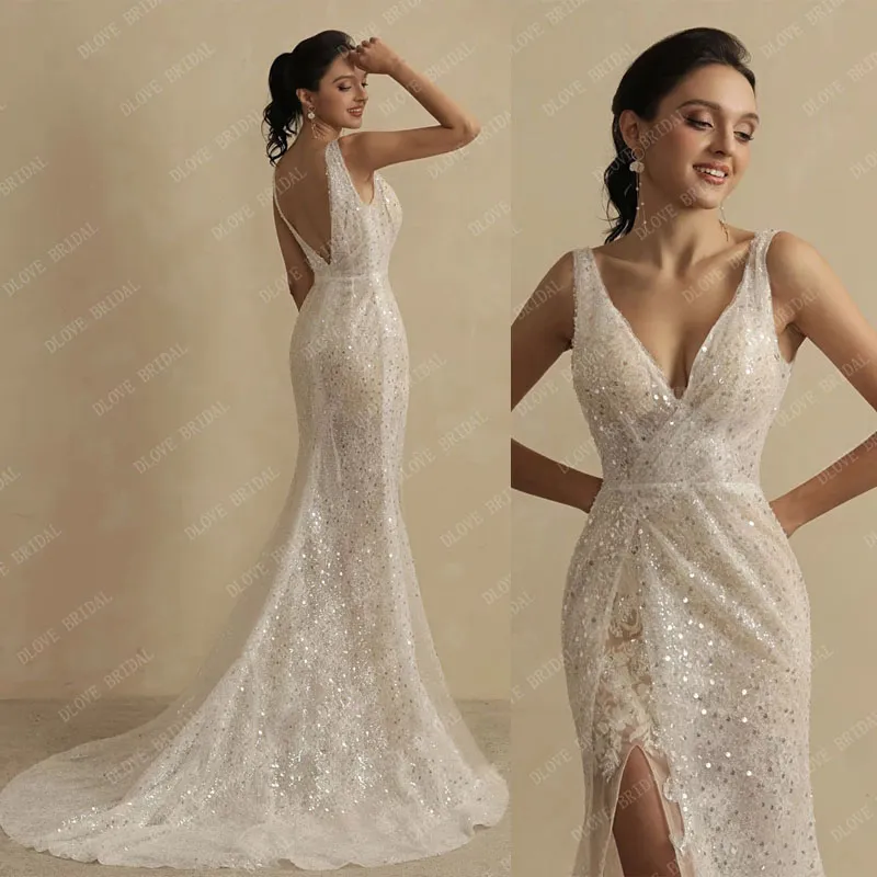 2022 Abito da sposa sexy in pizzo glitterato a sirena con spacco alto Boho Abito da sposa con schienale basso