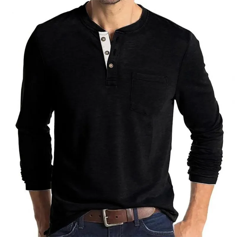 Erkek Tişörtler Erkek Düğme Gömlekleri Düz Renk O yaka Moda Sakilleri Uzun Kollu Tişört Tişörtleri
