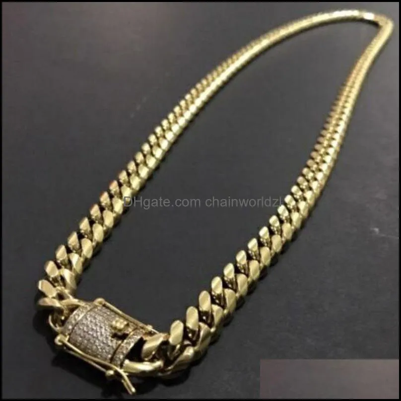 Catene Collane Pendenti Gioielli Uomo Tono oro 18 carati Acciaio inossidabile 316L Collana a catena a maglia cubana Curb con diamanti Chiusura a scatto Goccia Del