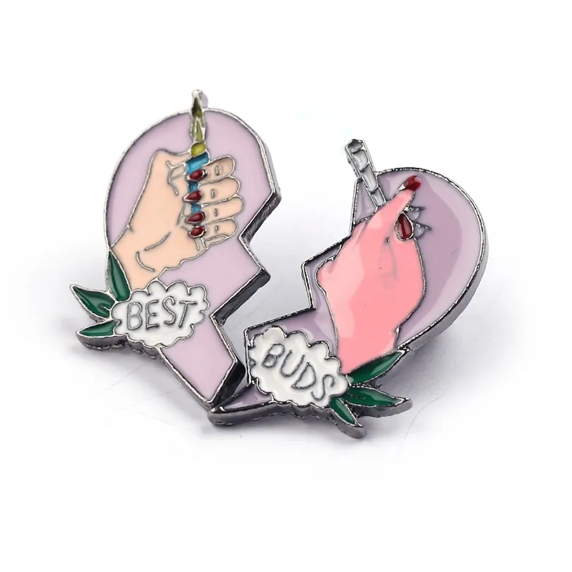 Partihandel 20st BEST BUDS Broscher Bästa Vänner Emalj Lapel Pins Broken Heart Rök Cigarett Med Hand Hatt Smycken Tillbehör 201009