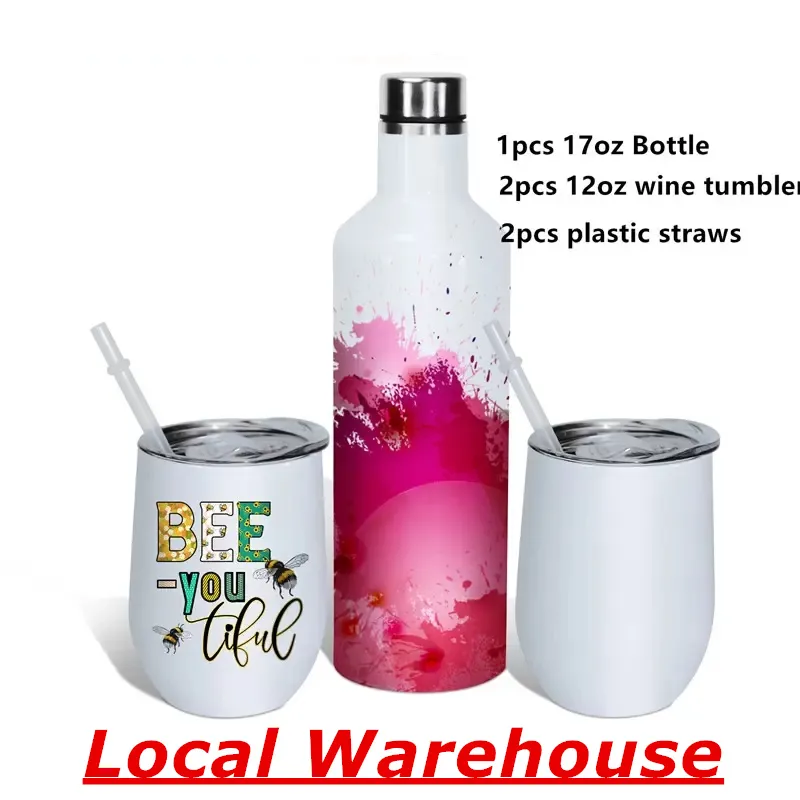 Lokalt lager 3st Wine Tumbler Set 17oz sublimering Vita koppar Rostfritt stål Vattenflaskor Dubbelisolering Vakuumkoppar med sugrör och lock A12