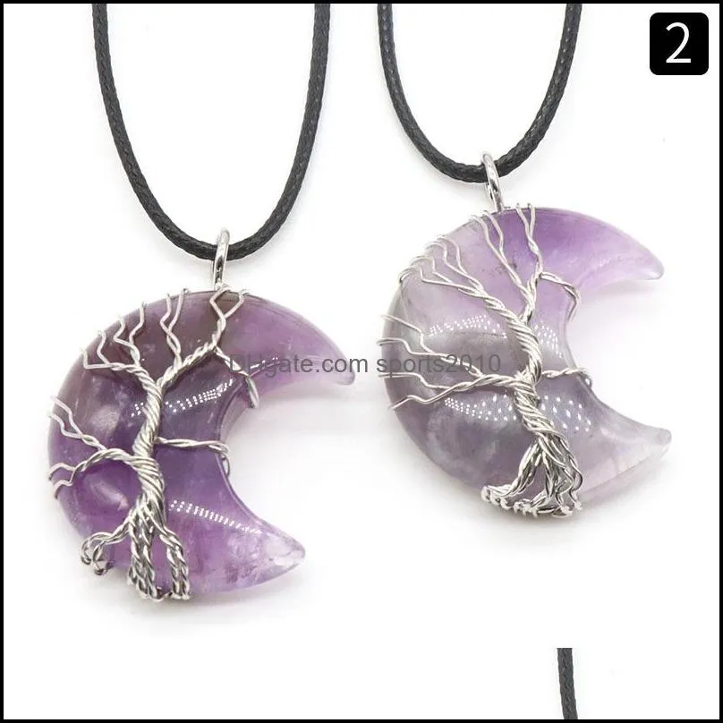 moon crescent wire wrap tree natural healing stone crystal pendant quartz amethyst pink crystal necklace for women men rope chain