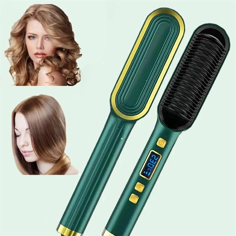 Professional Hair Curler Brush Comb Anion Hair Straightener Comb Ceramic Temperature LED Display Straightener Curler Styling 220623