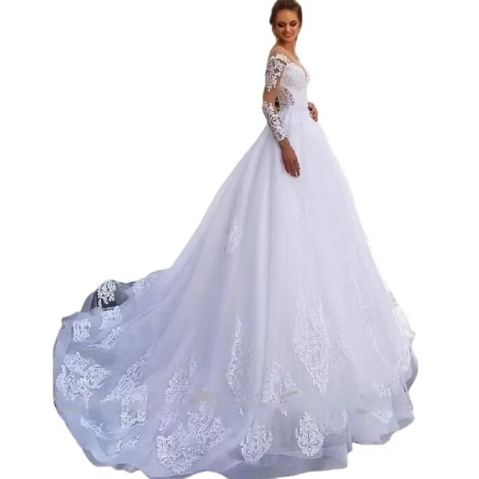 Krótkie suknie ślubne plażowe 2 z rękawami koronkowe aplikacje vestido de noiva długość podłogi tiulowa księżniczka sodowa ślub ślub Dre270J