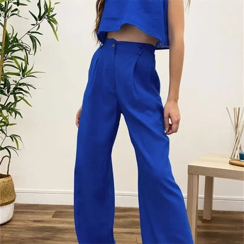Summer Womens Formal Blue Trousers Women: Sleeveless Short And Long Flare  Pants, Casual Cotton And Linen Two Piece Set 220602 From Lu01, $30.05