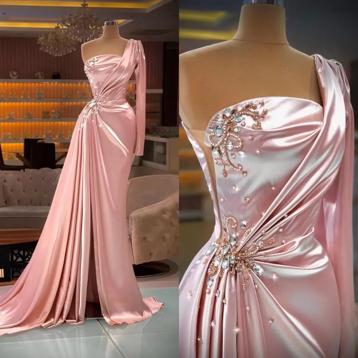 Evening Pink Dresses Mermaid Sequins Beaded Long Sleeves One Shoulder Satin Side Slit Floor Length Prom Ball Gown Formal Wear Plus Size