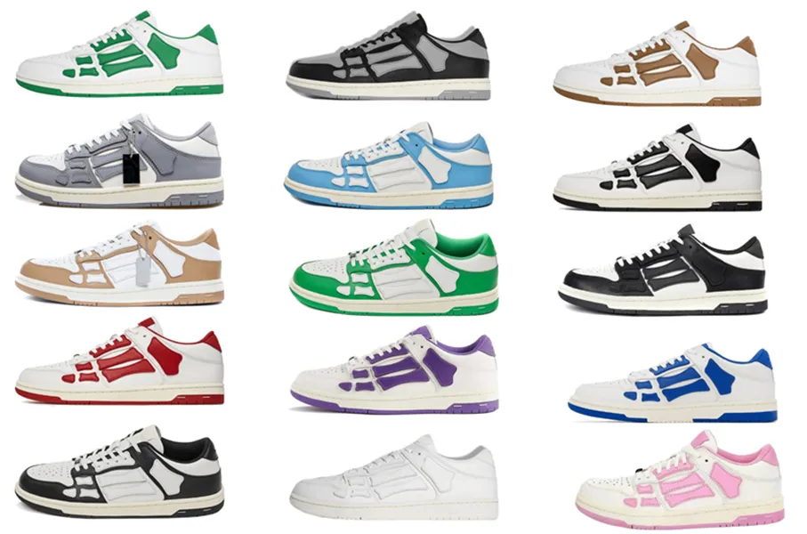 2023 Designer Skel Top Low Bones Chaussures Baskets En Cuir Squelette Bleu Rouge Blanc Noir Vert Gris Marron Hommes Femmes Sports De Plein Air Baskets Hommes Avec Boîte D'origine 36-46