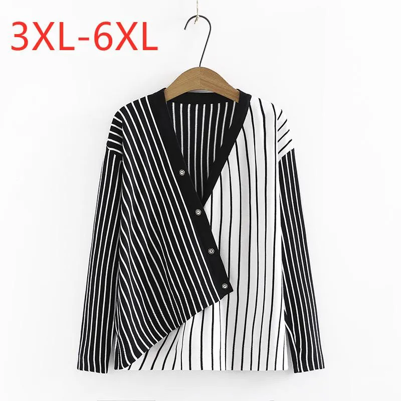 Kvinnors plus-storlek T-shirt damer Autumn Winter Knit Shirt för kvinnor stor ärm Slim Elastic Stripe Pullover tröja 3xl 4xl 5xl 6xlwo