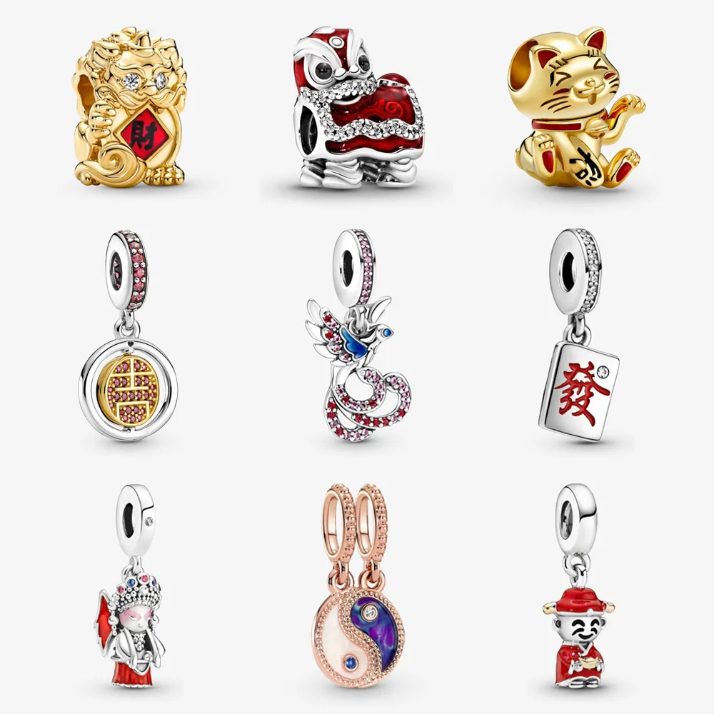 925 Argent Charme Perles Dangle Nouvel An Chinois Cadeau Phoenix Lion Perle Fit Pandora Charmes Bracelet DIY Bijoux Accessoires