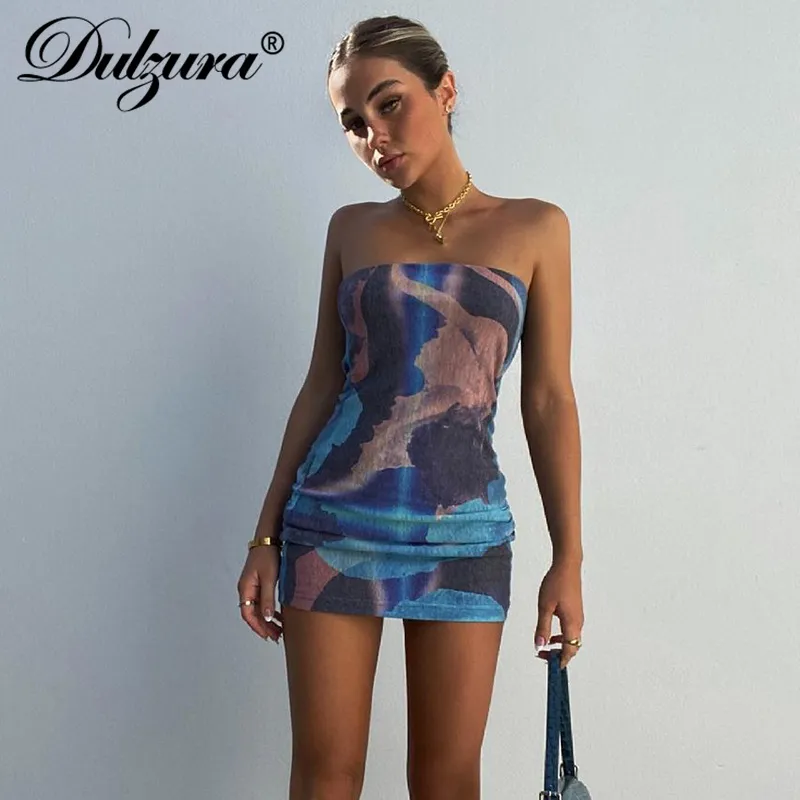 Dulzura Tie Dye Print Women Tube Mini Dress Bodycon Sexy Streetwear Party Elegant Club Summer Festival Closes Y2K 220521