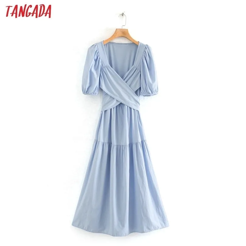 Tangada moda donna blu pieghettato croce abito estivo nuovo arrivo manica corta signore midi Dress Vestidos 2W114 T200603