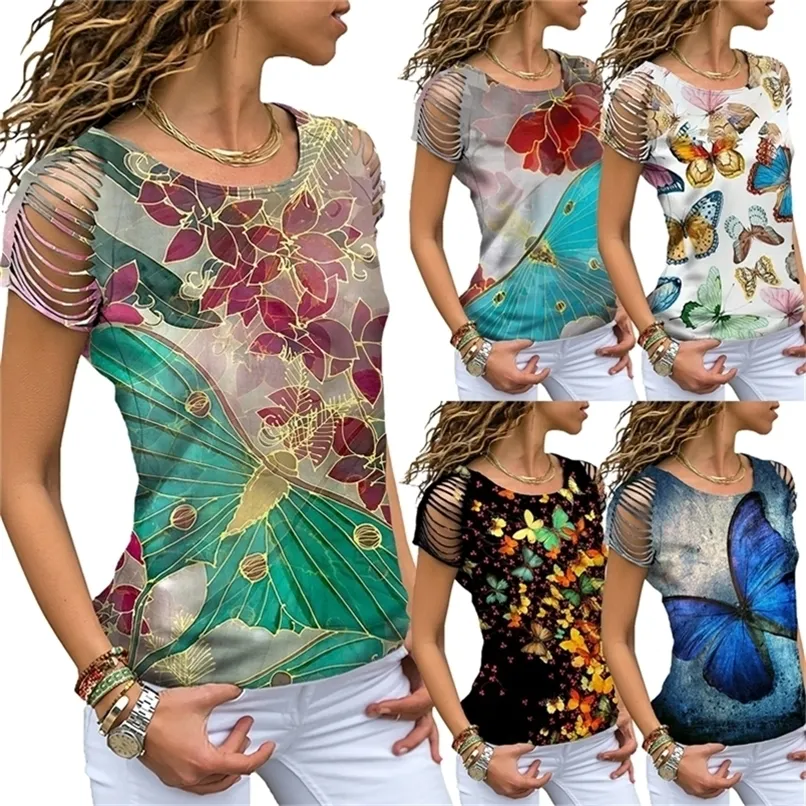 Vintage sommarkvinnor 3D Kort ärm Top Loose O-Neck Cut Out Shoulder Elegant Fashion T Shirt Camisetas Mujer 220510