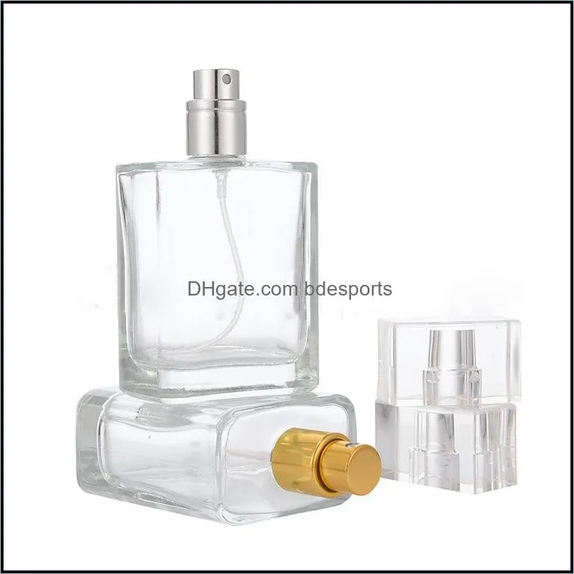 Top Selling Square Perfume Glass Bottle 30ml 50ml Clear Empty Spray Perfume Bottle With Gold Silver Cap