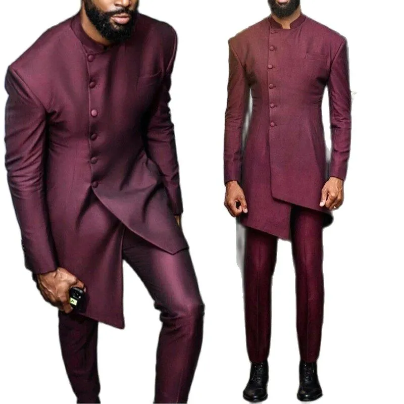 African Burgundy Men's Blazer Suits 2 Pcs Single Breasted Wedding Tuxedos Formal Party Wear Custom Made Fashion Man Suit2292