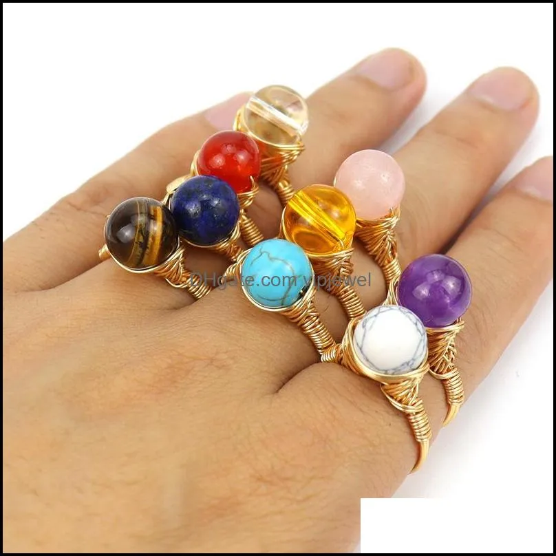 wire wrap natural stone ball rings lapis lazuli amethysts tiger eye opal pink crystal ring for women jewelry