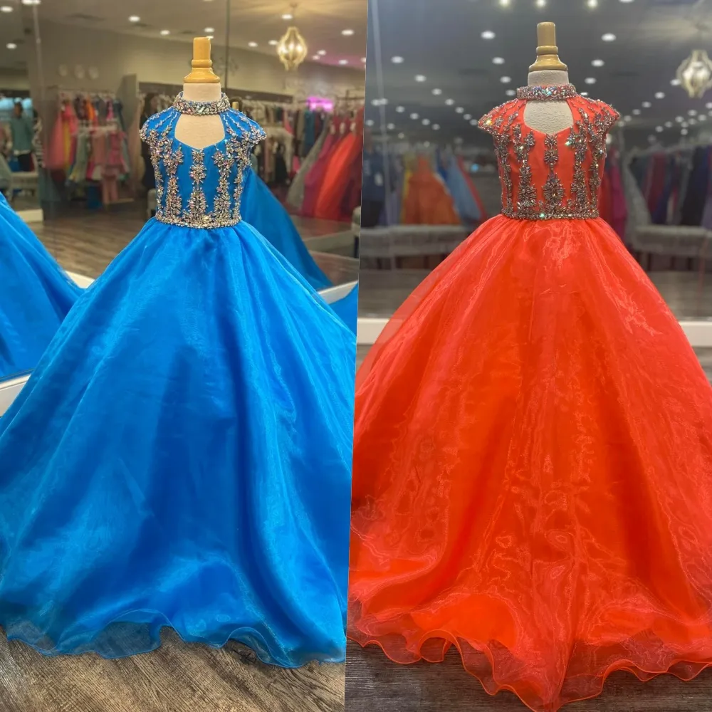 High Collar Girl Pageant Dress 2022 Ballgown Crystals Organza little Kid Birthday Formal Party Gown Toddler Teens Preteen Floor-Length Little Miss Orange Keyholes