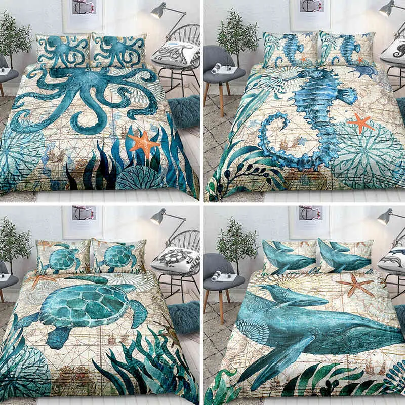Conjunto de capa de edredom de cama de tartaruga marinha Conjunto de tampa de cerceta mediterrâneo Conjuntos de design temáticos marinhos Rainha rei Tamanho gêmeo