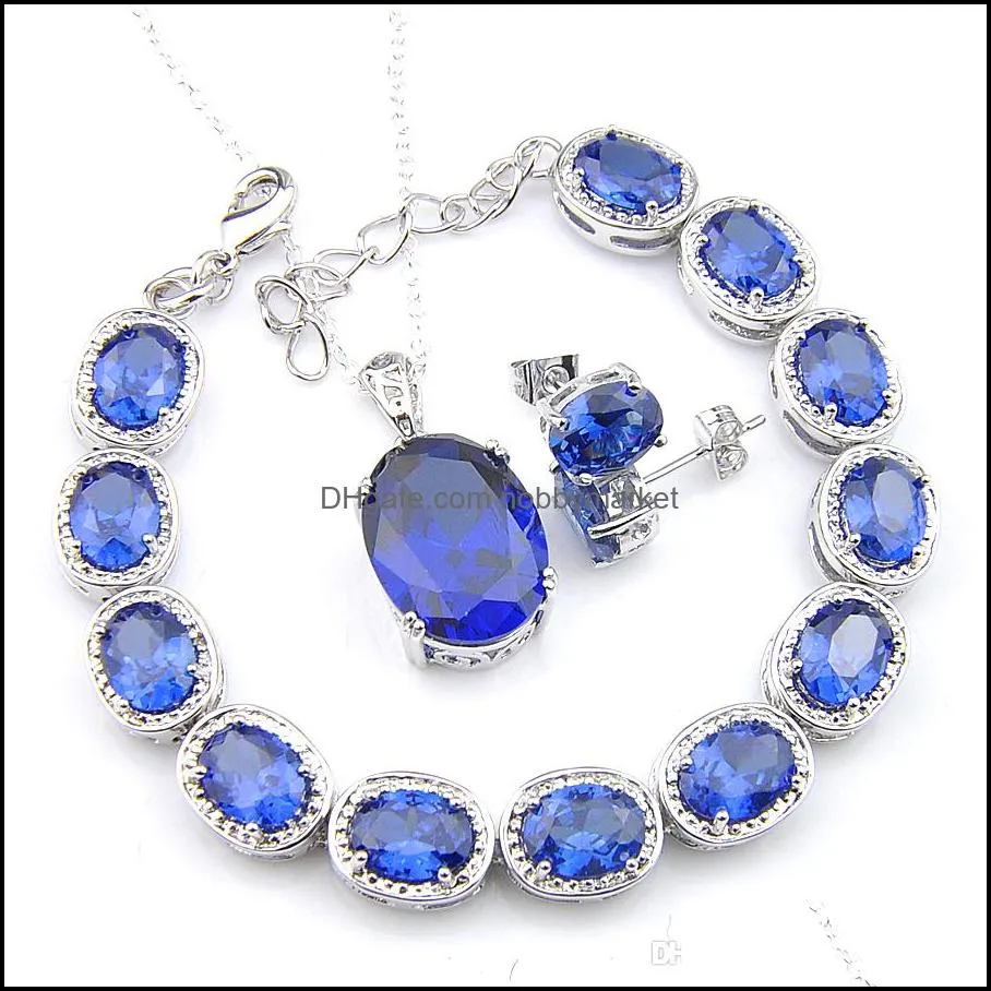 LuckyShine Bride Weddings Jewelry Sets 3 Pcs 925 Silver Necklace Oval Swiss Blue Topaz Pendantds Bracelet Stud Earrings Sets