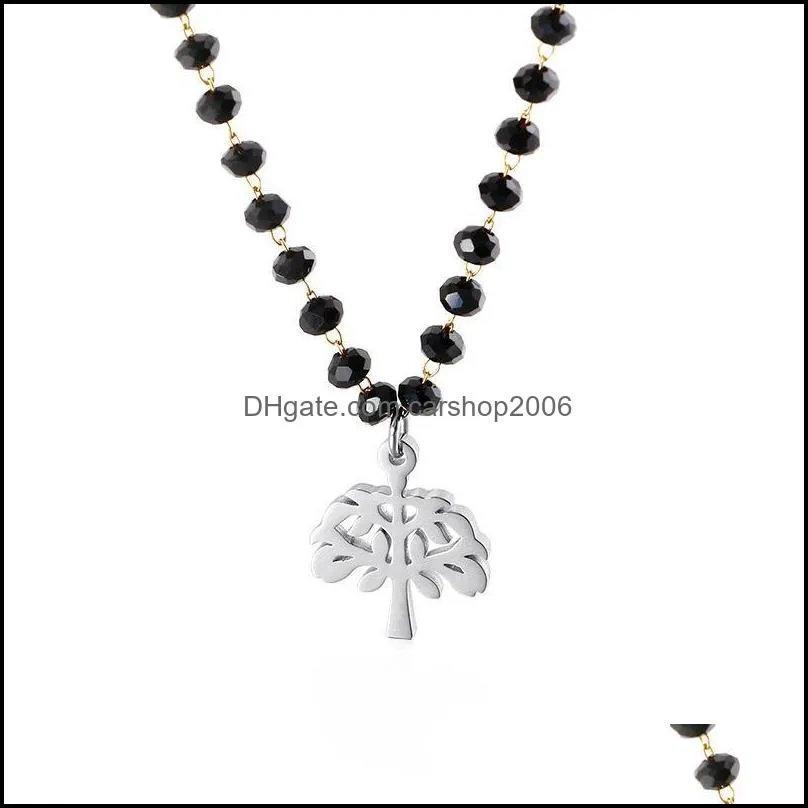 Fashion Simple Black Glass Round Bead Tree Of Life Titanium Steel Ladies Necklace Chains