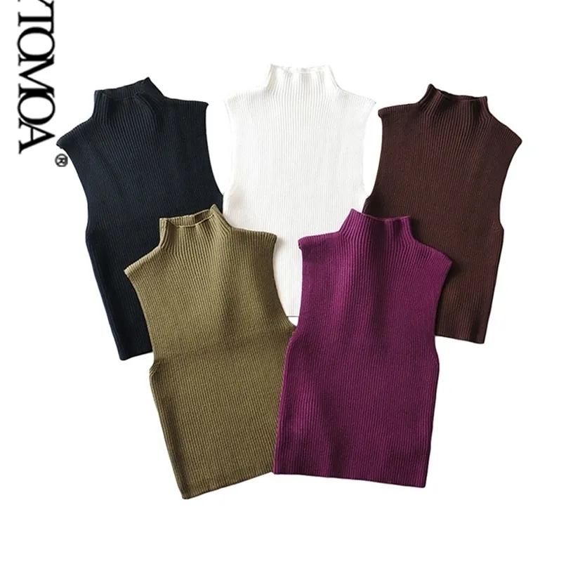 KPYTOMOA Damesmode Gemonteerde Basic Ribbed Knit Tank Tops Vintage Hoge Hals Mouwloze Vrouwelijke Camis Chic Vest Top Mujer 220316