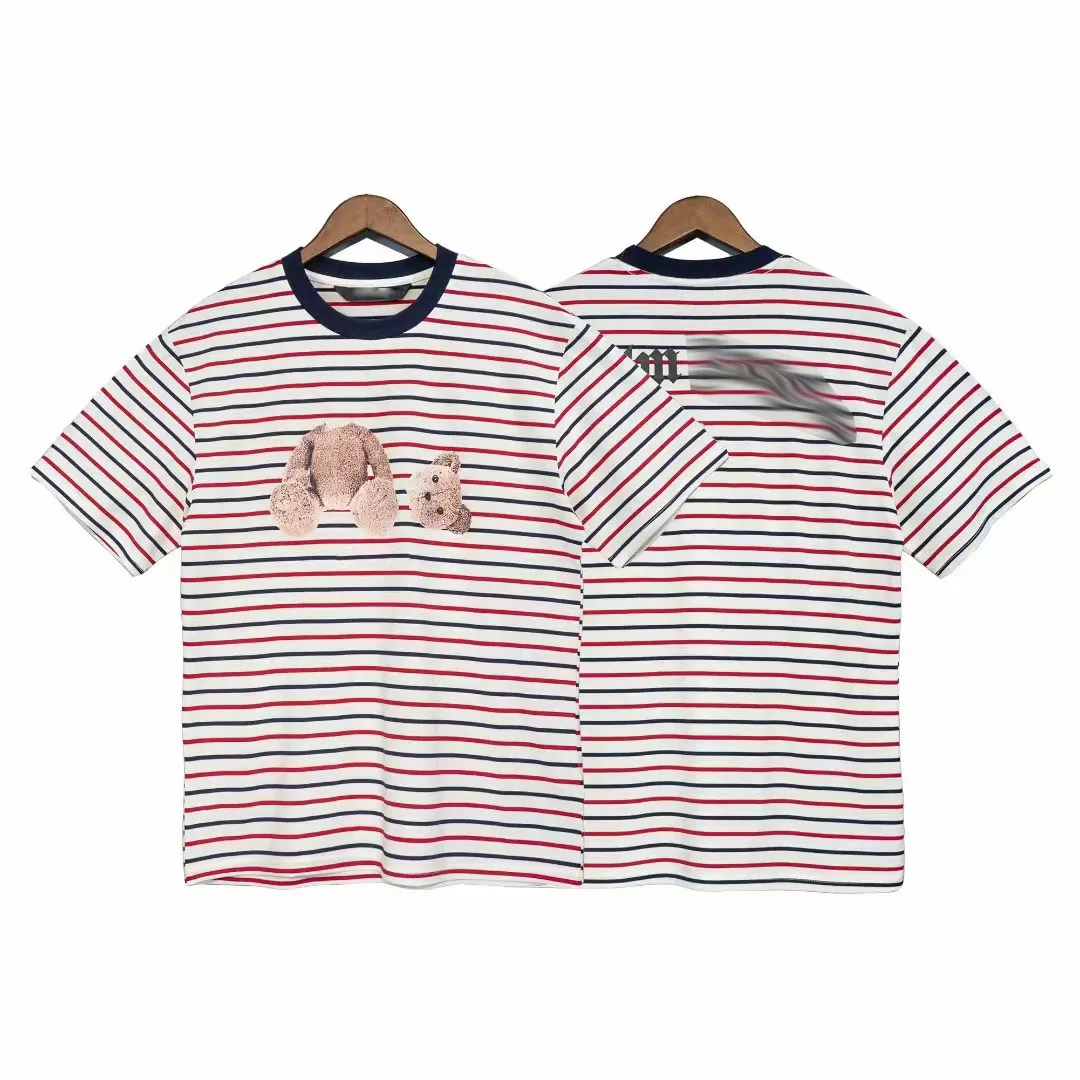 Camiseta design tira camisetas curtas manga curta urso clássico de tendência de tendência moda moda masculina roupas de camiseta rua rua bordada letra oblíqua camiseta de verão natação