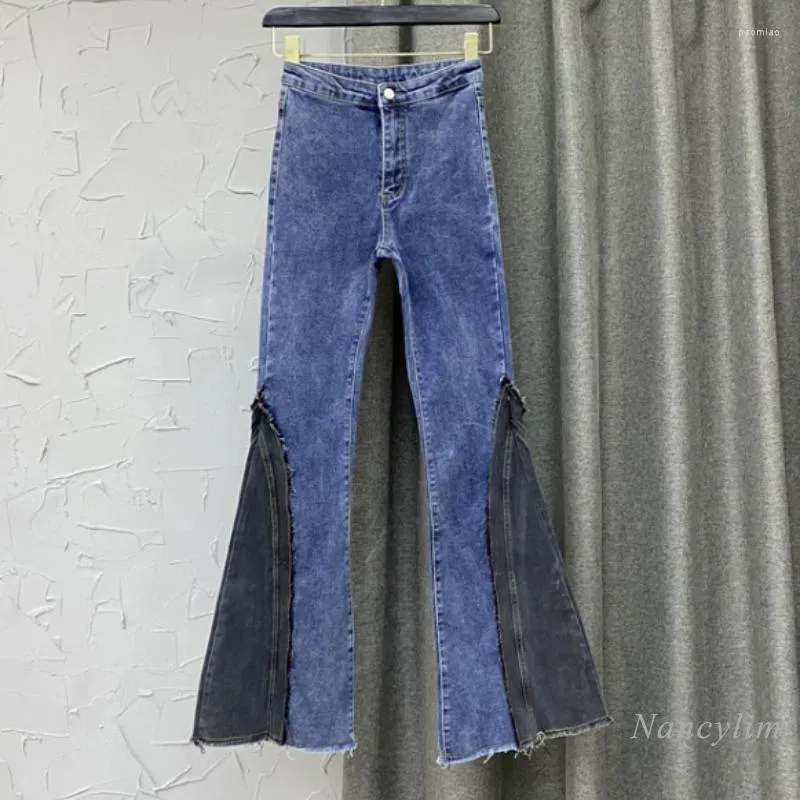 Women's Jeans Stitch Flare For Women Fall Winter 2022 Korean Style Slim Fit Contrast Color Bell Bottoms Plush Velvet Denim Trousers