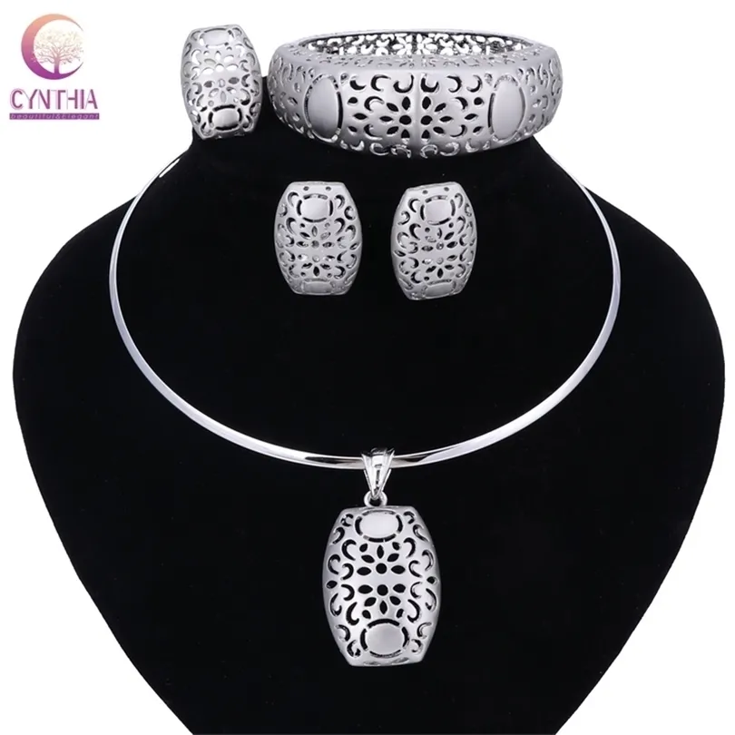 Nigerian Wedding African Beads Jewelry Sets Silver Color Women Necklaces Party Fashion Flowers Hollow Jewellery Accessories 201222