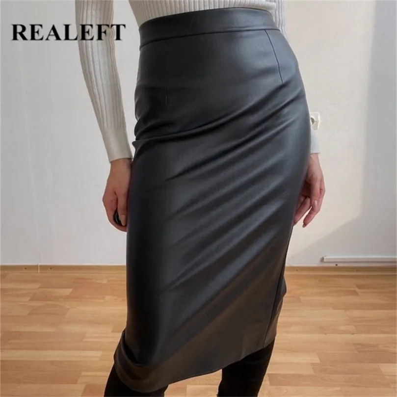 Bestgift Women's Faux Leather Pencil Skirt - Solid Color, Knee Length, Tight Fit